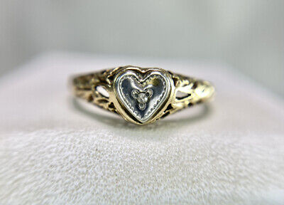 Vintage Art Deco 10k Yellow Gold Round Single Cut Diamond Heart Shape Small Ring