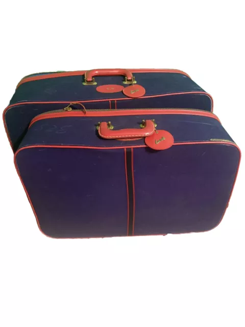 Pair of Lark Vintage Suitcases Navy Blue Canvas Red Trim Weekender Bags