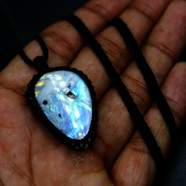 Handmade Natural Rainbow Moonstone Teardrop Boho Macrame Crystal Necklace Reiki
