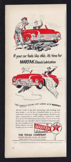 1948 TEXACO Print Ad "It's time for Marfak Chassis Lubrication" Car with Wings