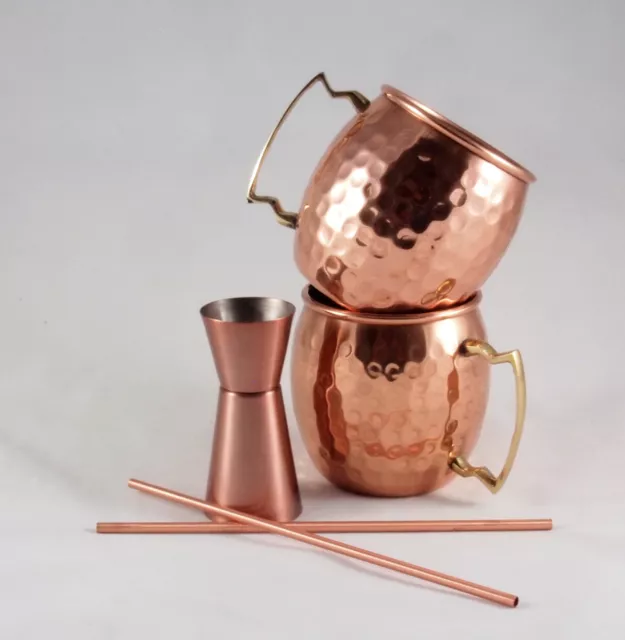 Premium Quality Hammered Copper Moscow Mule Mugs x 2, Straws x 2, jigger x 1 3