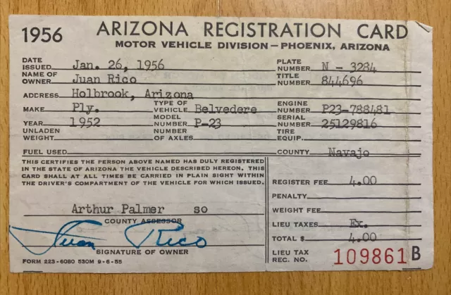 Vintage 1956 Arizona Car Registration Card 1952 Plymouth Belvedere P-23