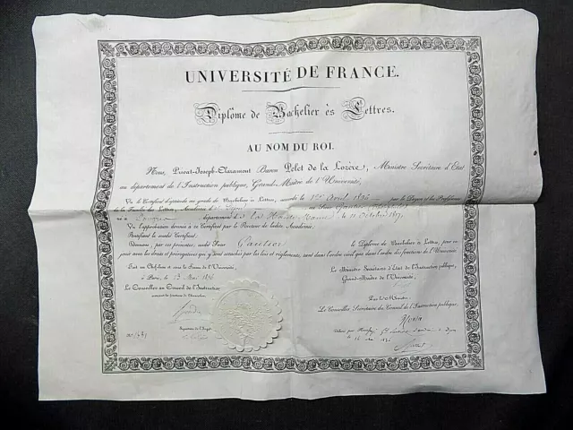 Diplome de Bachelier es Lettres Théophile Gautier 1836  Langres Haute-Marne