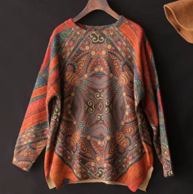 New Women's Sweater Retro Printed Loose Cashmere Women's Knitted Top Hot