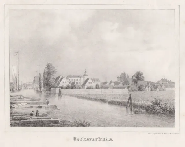 Ückermünde Vorp. Vista General Original Litografía Sanne 1844