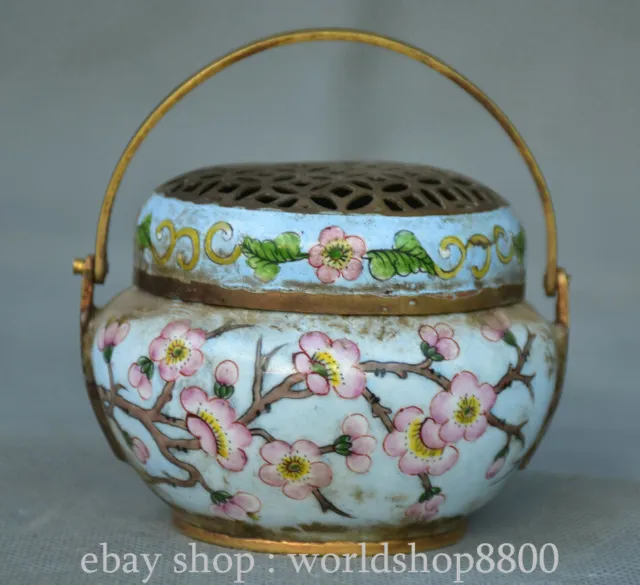 3.2" Qianlong Chinese Copper Gilt Cloisonne Enamel Flower Censer incense burner