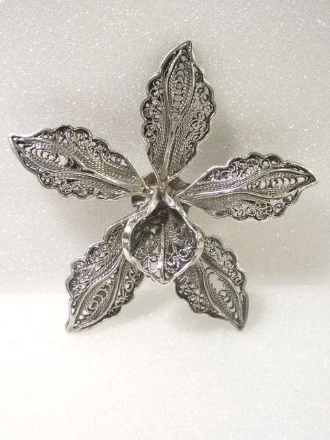 Broche En Argent Massif Fleur Filigrane émaillée - Occasion, Pièce Vintage Ou Ancienne