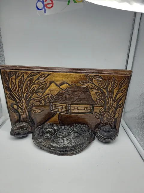 Folk Art Carved  Reclaimed Wood  cabin with trees and conk.  From Poland.