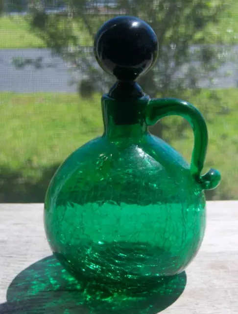 BLENKO EMERALD GREEN CRACKLE GLASS CRUET w/DEEP PURPLE STOPPER - EXCELLENT