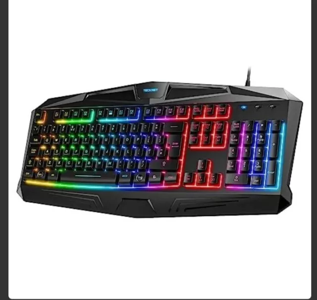 Gaming Keyboard, Rainbow LED Backlit Mechanical Feeling USB Wired, UK Layout