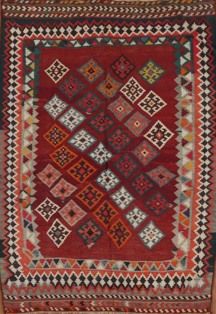 Vegetable Dye Red Kilim Vintage Reversible Rug 5x7 Wool Hand woven Tribal Carpet