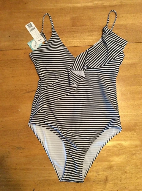 New $39 SUREFORU Black White Stripe Ruffle SWIM Bathing SUIT One Piece Bra cup S
