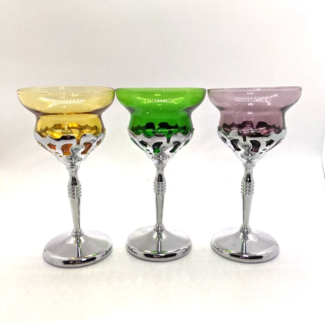 Farber Bros Cordial Glass Set of 6 Art Deco Amber Amethyst Emerald Krome Kraft