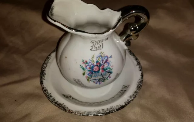 Vintage Miniature 25th Anniversary Porcelain Pitcher and Urn Bowl