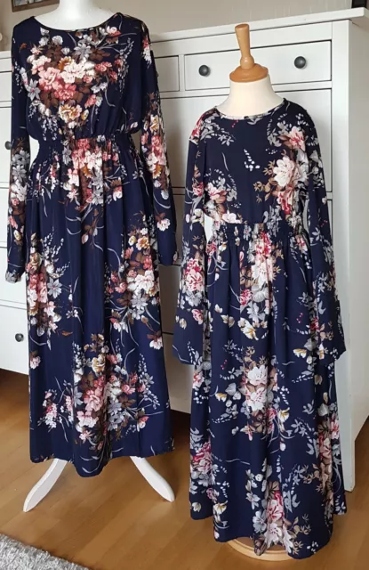 Mutter Gr. L  und Tochter 152/158 Party Kleid Blumen Polyester, Maxikleid Neu