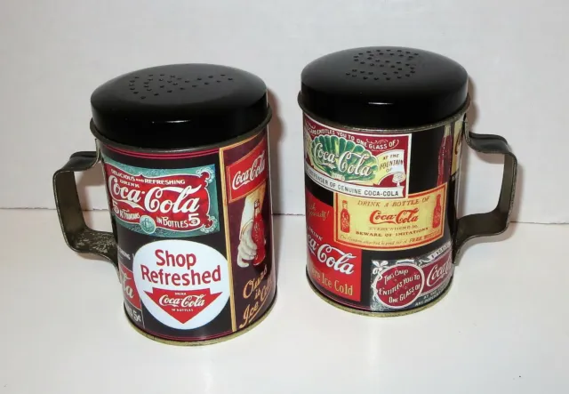 Vintage 2001 Coca Cola Coke Sign SALT & PEPPER SHAKERS Metal Tin Logos Graphics