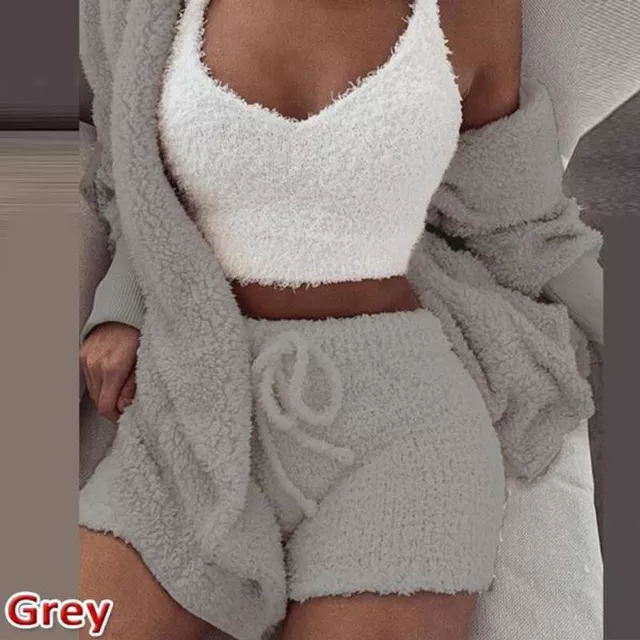 Womens Vest Shorts Sets Pajamas Loungewear 3Pcs Fluffy Fur Cardigan Jacket Coat