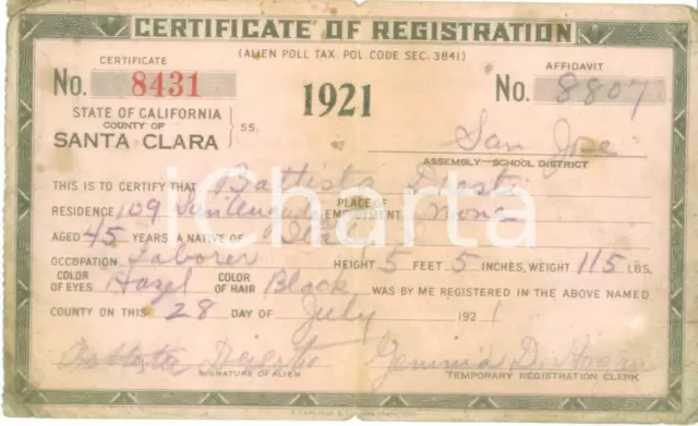 1921 SANTA CLARA, CALIFORNIA (USA) Registrazione immigrato Battista DRESTI