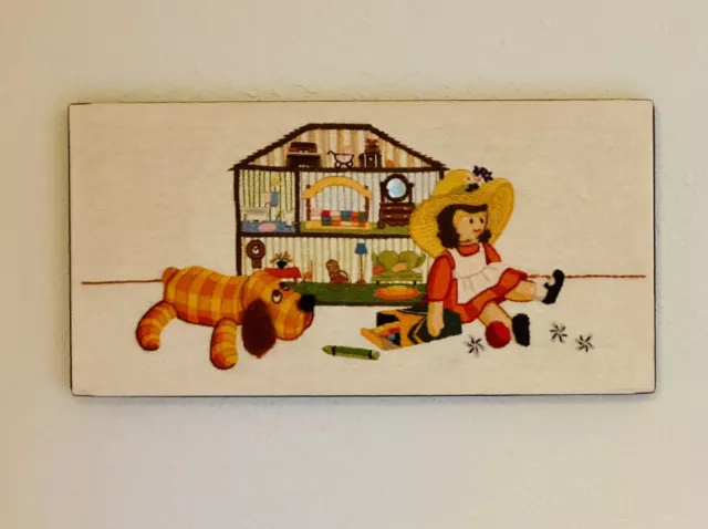 VTG Raised 3D Needlepoint Embroidery ~ Girl Playing with Dollhouse & Dog 20”x10”