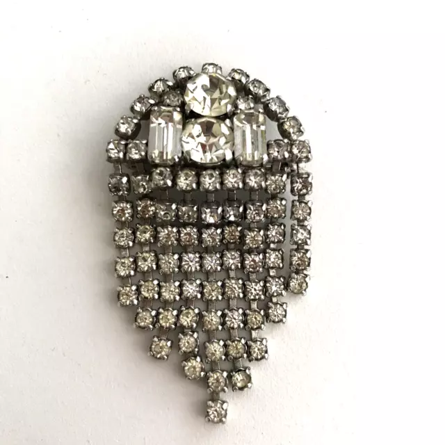 Vintage Clear Glass Rhinestone Art Deco Style Silver Tone Waterfall Brooch Pin