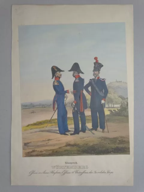 Württemberg Offizier Armee-Uniform - kol. Lithographie - Monten Bundesheer 1840