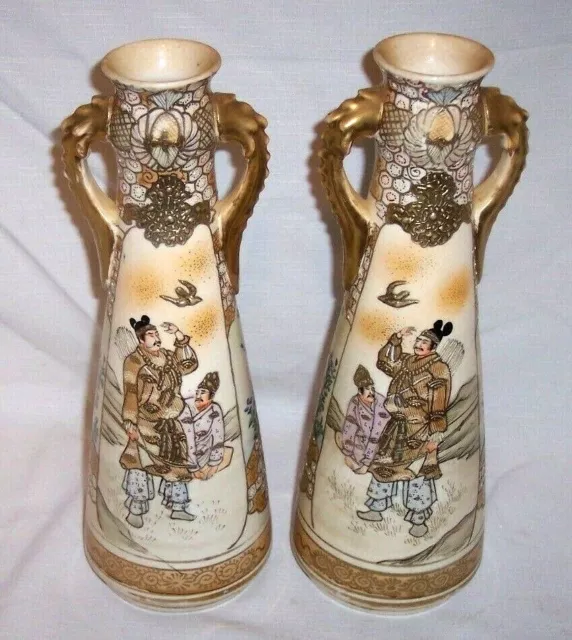 Superb Pair Chinese Cloisonne Geisha And Samurai Dragon Handle 12 " Tall Vases