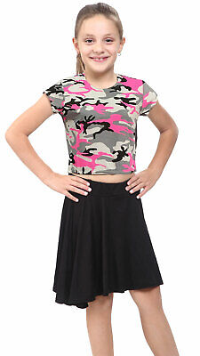 Kids Girls Pink Camouflage Print Crop Top & Fashion Flared Skater Skirt 2Pcs Set