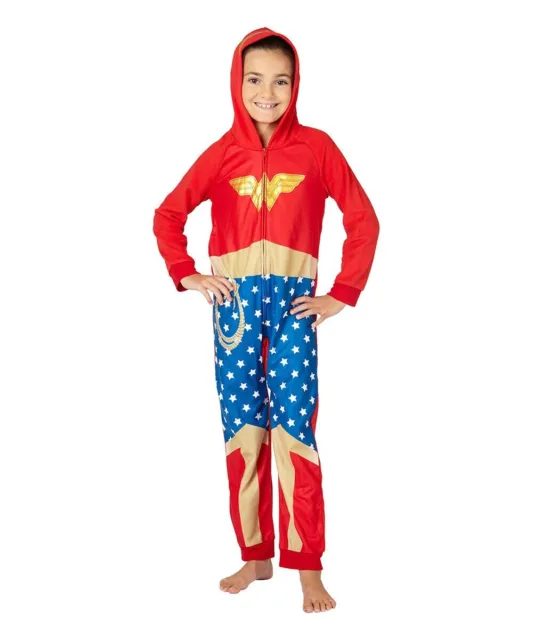 NWT Wonder Woman Girls Hooded Fleece Romper Sleeper Pajamas Halloween Costume 2T