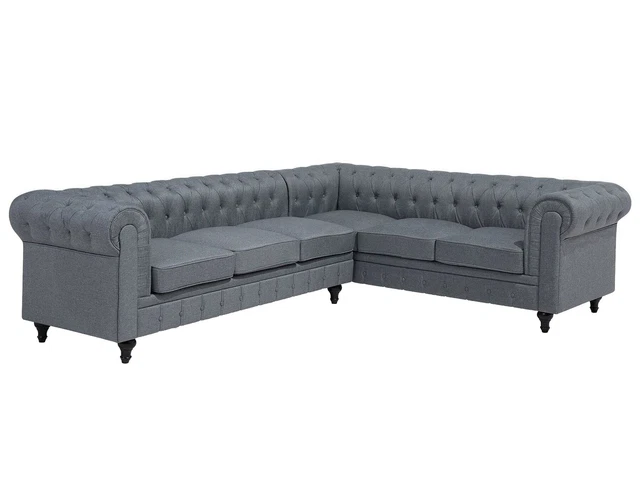 Left Hand Corner Sofa L-Shaped Button Tufted 5 Seater Grey Fabric Chesterfield