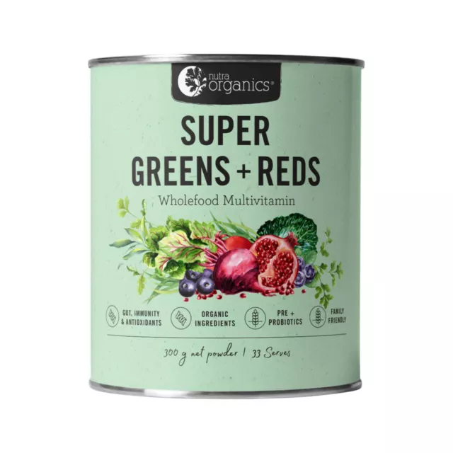 NEW Nutra Organics Super Greens + Reds 300g Organic Wholefoods Multivitamin