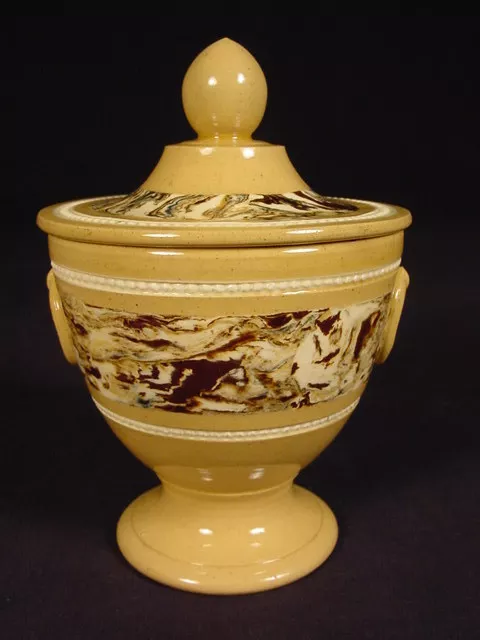 VERY RARE c1800 AGATE DECORATED SUGAR BOWL with LID MOCHA MOCHAWARE YELLOW WARE