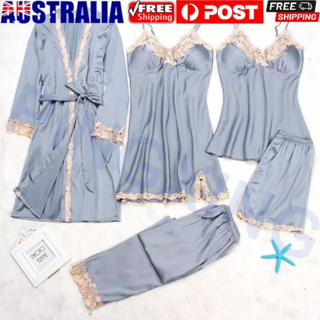 5 Pieces Women's Silk Satin Sleepwear Pajamas Set Lace Sleep Nightwear Homewear