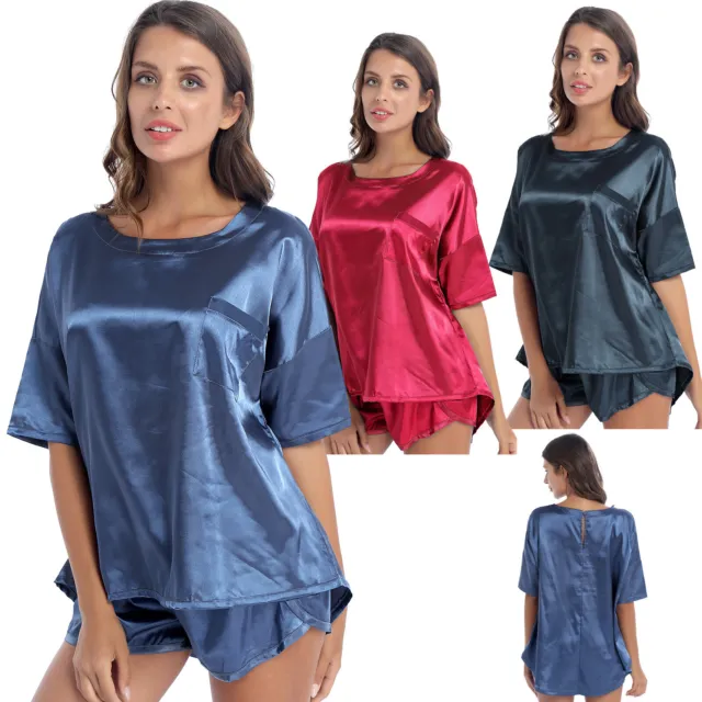 Zweiteilige Damen Satin Schlafanzug Nachtwäsche Kurzarm T-Shirt Short Sleepshirt
