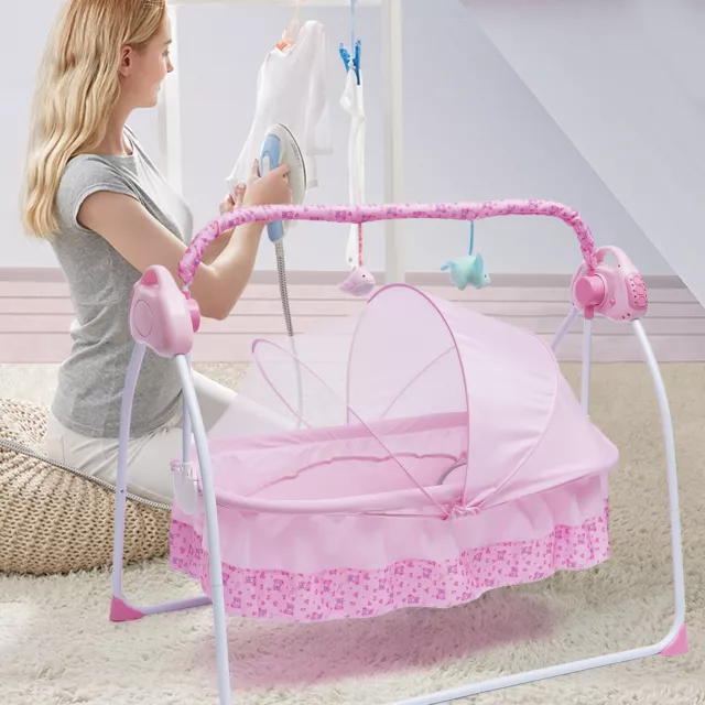 Elektrische Babywiege Kinderbett Babybett Mit automatischer Schaukel Rosa Musik