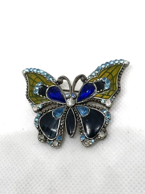 Green & Blue Enamel & Rhinestone Butterfly Lapel Brooch Scarf Pin Insect Pin