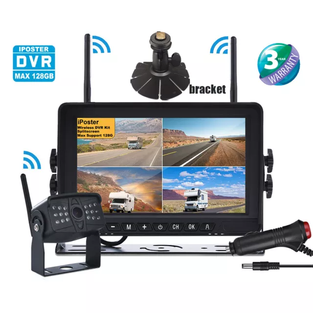 1080P Wireless Rear View 7'' DVR Quad Monitor Backup Camera For Truck RV Trailer