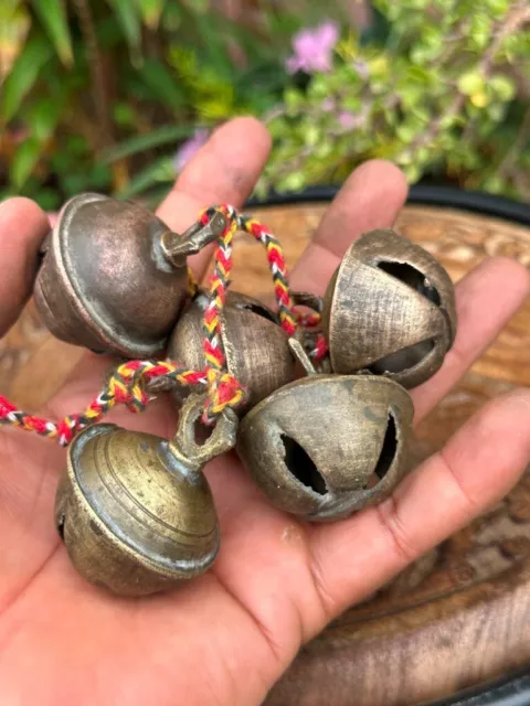 1800s Ancient Old Brass Hand Forged 5 Beautiful Bells Grup