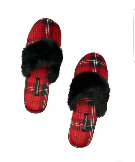 NWT VICTORIA'S SECRET Signature Satin Slipper W/ Bag Size L Red Black Plaid