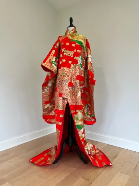 Vintage Uchikake Wedding Kimono Robe Red Gold Embroidery Cranes Flowers Japanese