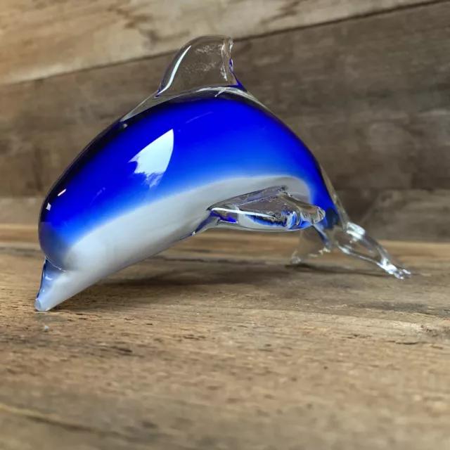 Glass Art Blue White Clear Dolphin Figurine Decorative Paperweight 6 inch