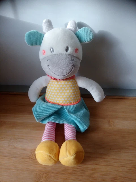 Doudou peluche vache girafe blanc jaune jupe bleu Mots d'enfants état neuf