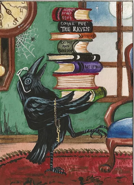 5x7 PRINT OF PAINTING FOLK ART Raven CROW CLOCK HALLOWEEN Witch Book Gothic 🎃