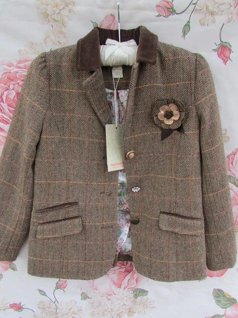 Giacca Blazer Foderata Ragazze MONSOON Età 7-8 Tweed Stile Equestre Nuova con Etichetta