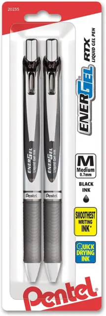 Energel Deluxe RTX Retractable Liquid Gel Pen, 0.7Mm, Metal Tip, Black Ink, 2 Pa
