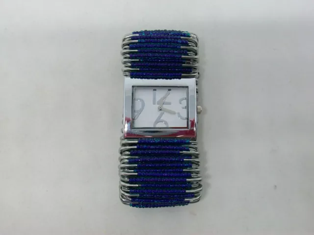 NEW Silver Tone Watch Safety Pin Royal Blue Color Glass Bead Stretch Bracelet
