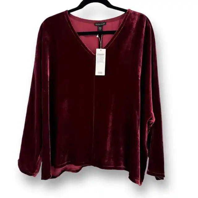 Eileen Fisher Velvet V-Neck Top Boxy Fit Shirt Womens Size XS Deep Claret Maroon