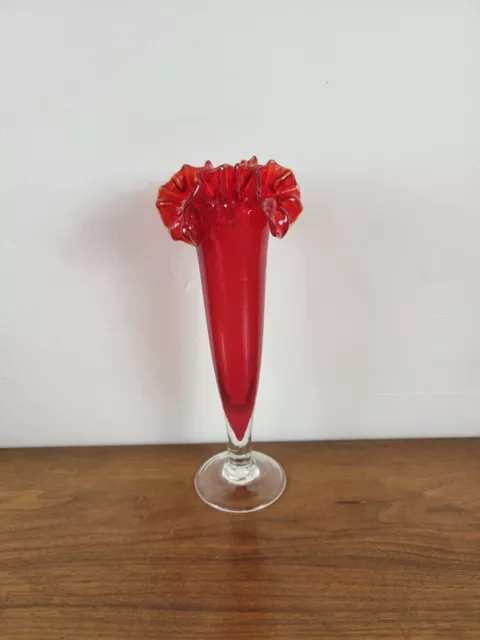 Vintage Ruby Red Ruffled Hand Blown Glass Vase Amberina art fluted