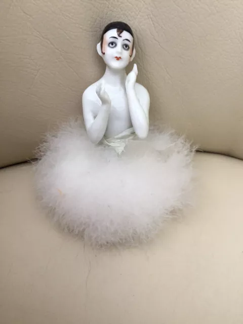 ANTIQUE VINTAGE ART DECO HALF DOLL PIN CUSHION LADY POWDER PUFF 9 cm high app