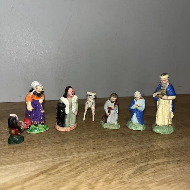 Lot de 5 anciens santons DEVINEAU - Marie/Joseph/berger capuchon/berger