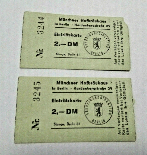 2 Eintrittskarten Münchner Hofbräuhaus Berlin 1960er Hardenbergstraße Bier